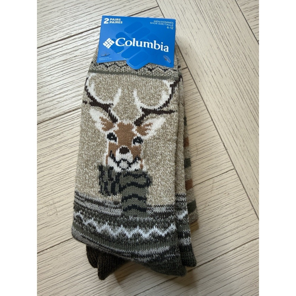 Columbia Mens 2 Pair Mens Acrylic Socks W/ Deer & Stripes. NWT Shoe Sz 6-12